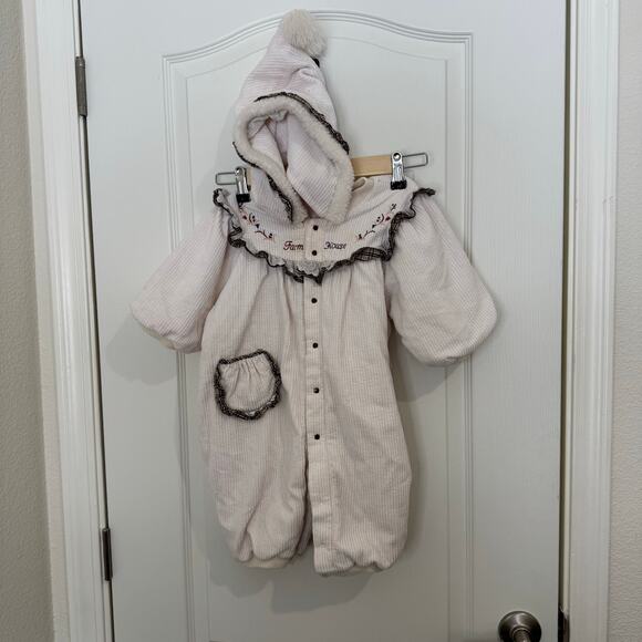 VTG Quilted White Corduroy 2-Piece Snowsuit Hood Girls 24M Snaps Gingham Pocket